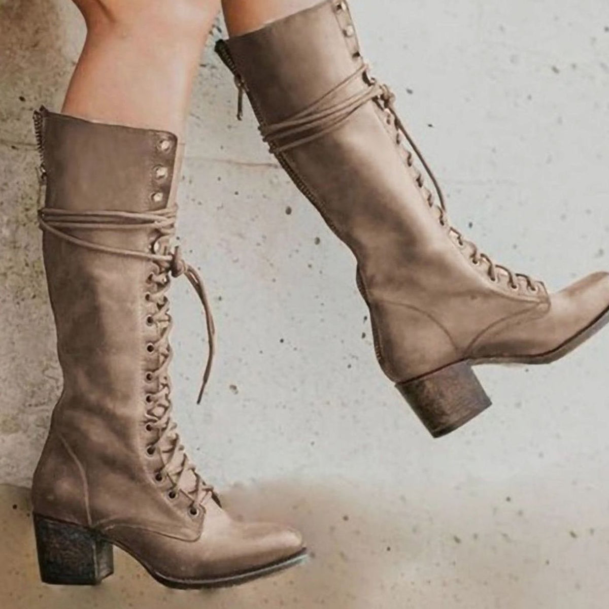 Women’s Leather Look Knee High Boots with Lace Up Front & Block Heel