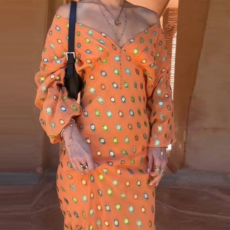 Women’s Off Shoulder Medallion Print Summer Maxi Dress