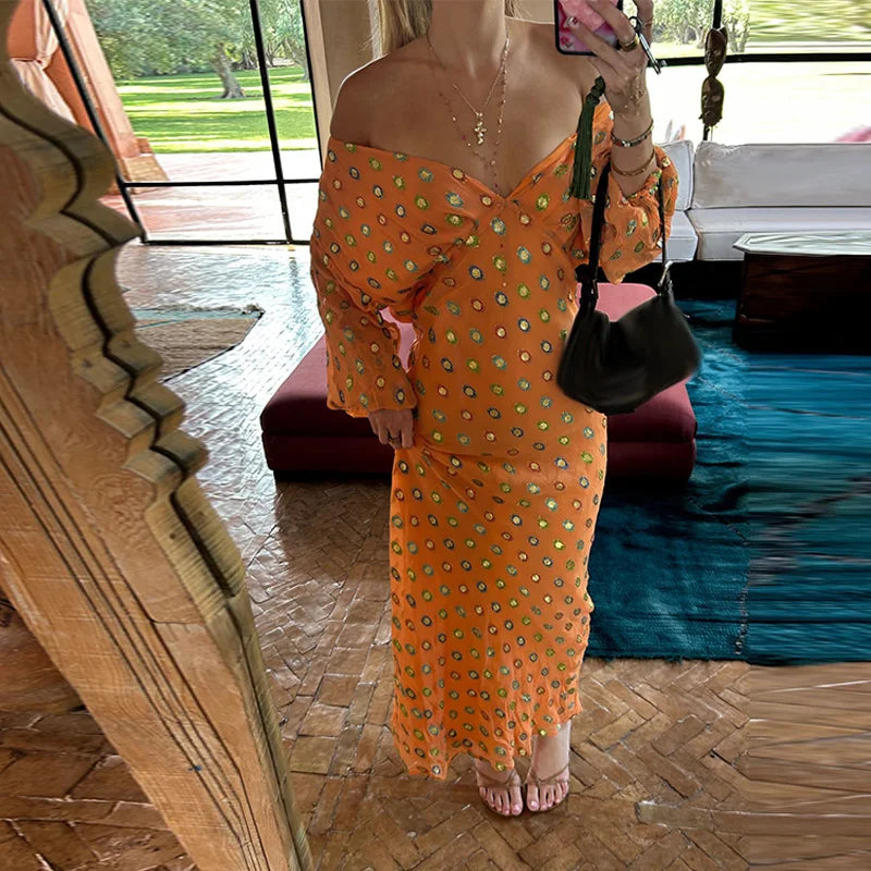Women’s Off Shoulder Medallion Print Summer Maxi Dress