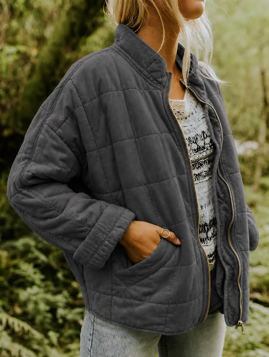 Women’s Quilted Jacket with Zip Front and Stand Collar