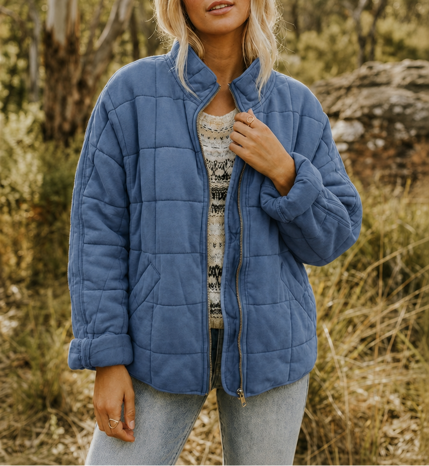 Women’s Quilted Jacket with Zip Front and Stand Collar