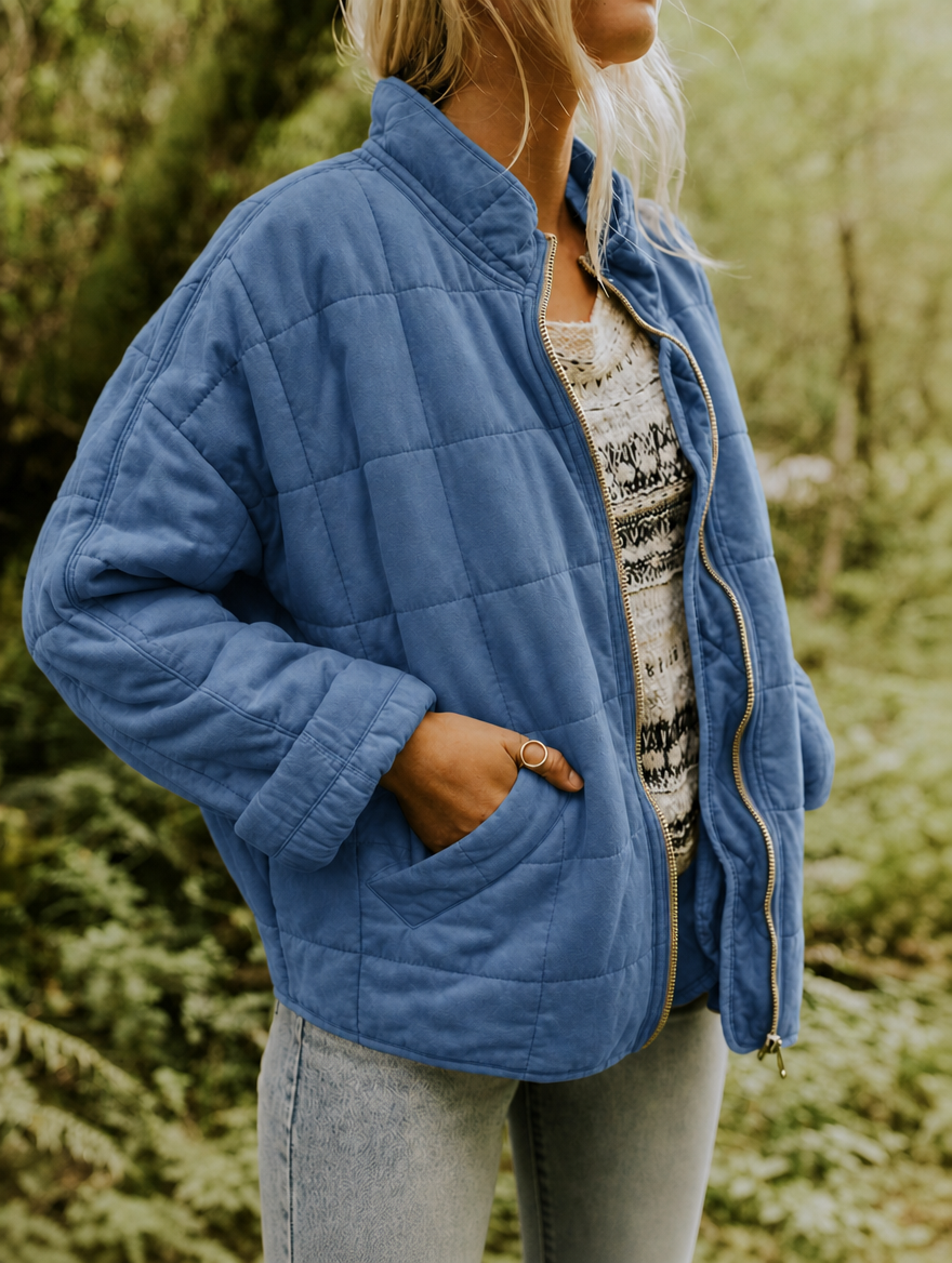 Women’s Quilted Jacket with Zip Front and Stand Collar