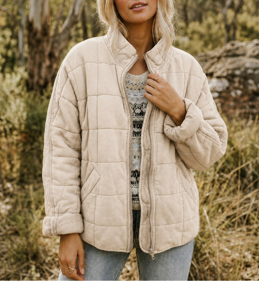 Women’s Quilted Jacket with Zip Front and Stand Collar