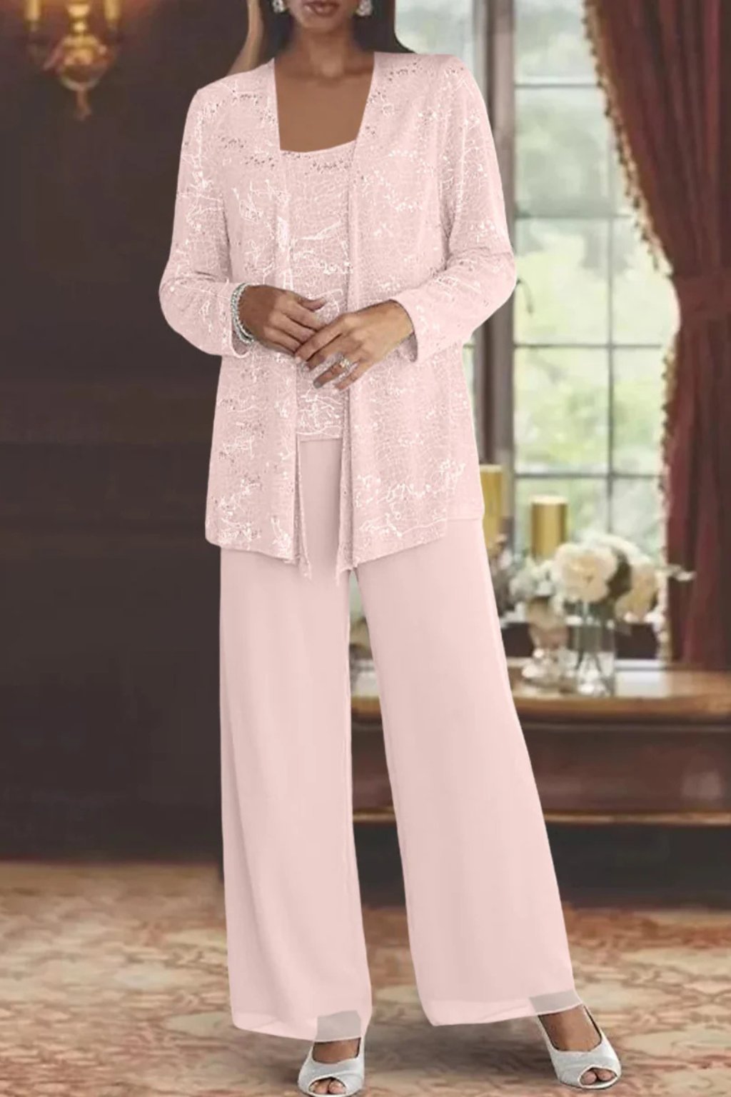 Women’s Sequin Three Piece Trousers Suit with Wide Leg Trousers