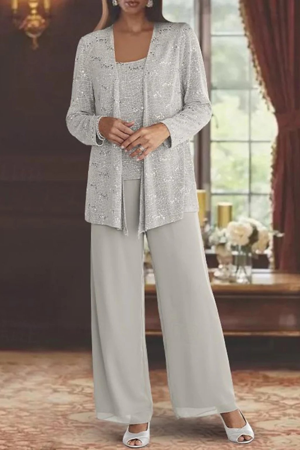 Women’s Sequin Three Piece Trousers Suit with Wide Leg Trousers
