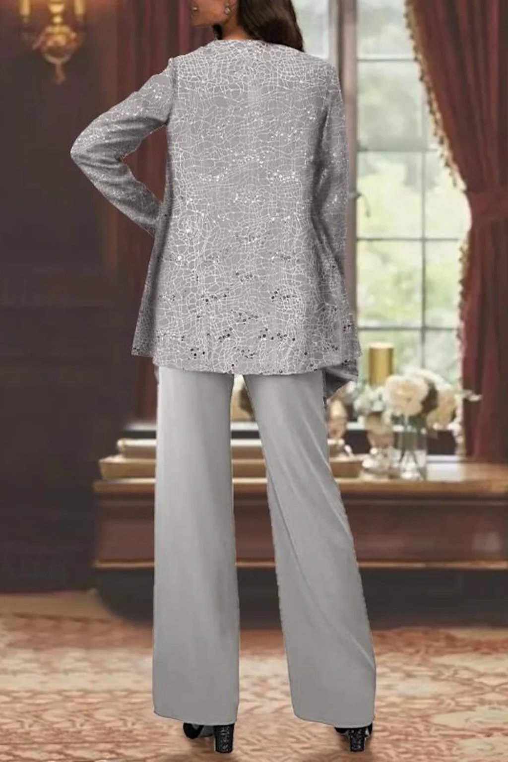 Women’s Sequin Three Piece Trousers Suit with Wide Leg Trousers