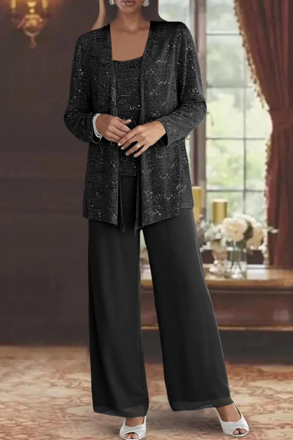Women’s Sequin Three Piece Trousers Suit with Wide Leg Trousers