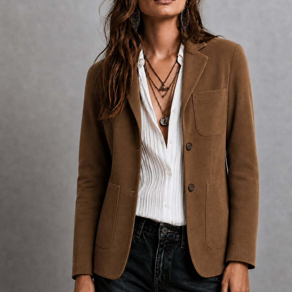 Women’s Suede Blazer with Notched Lapel and Patch Pockets