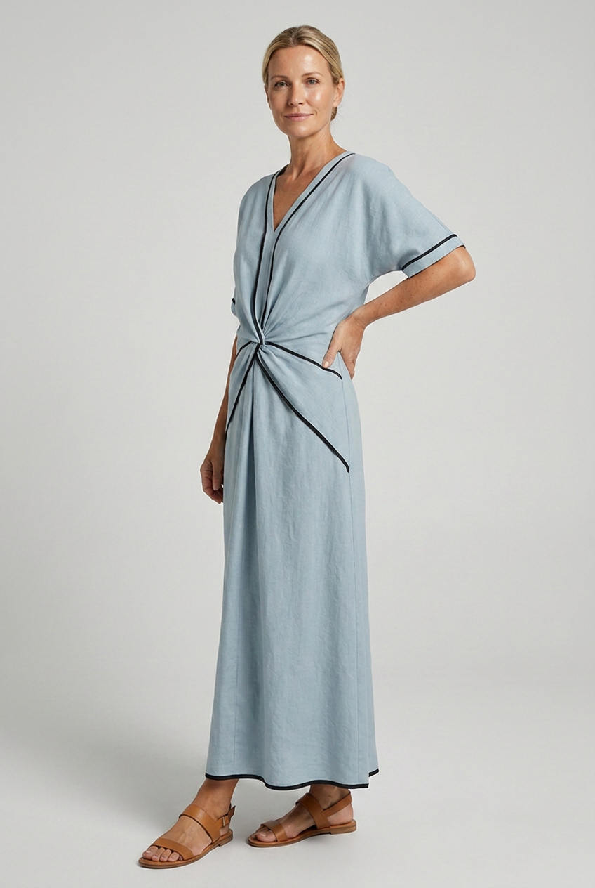 Women’s Summer Maxi Dress with Twist Front and V-Neck Trim